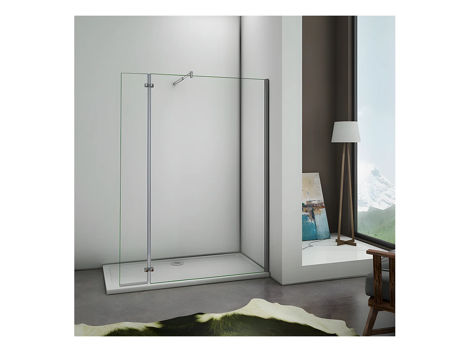 Paroi de douche fixe à l'italienne avec retour pivotant 90+40x200cm, charnières, avec barre de fixation cylindrique 70-120cm