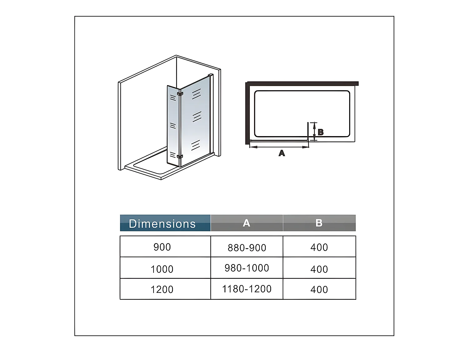 Paroi de douche fixe à l'italienne avec retour pivotant 90+40x200cm, charnières, avec barre de fixation cylindrique 70-120cm
