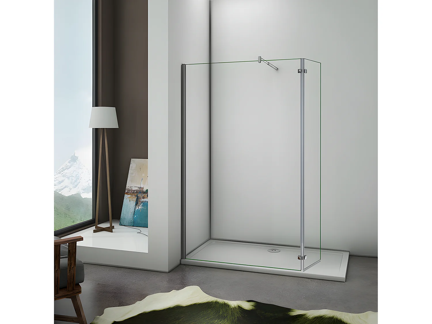 Paroi de douche fixe à l'italienne avec retour pivotant 90+40x200cm, charnières, avec barre de fixation cylindrique 70-120cm