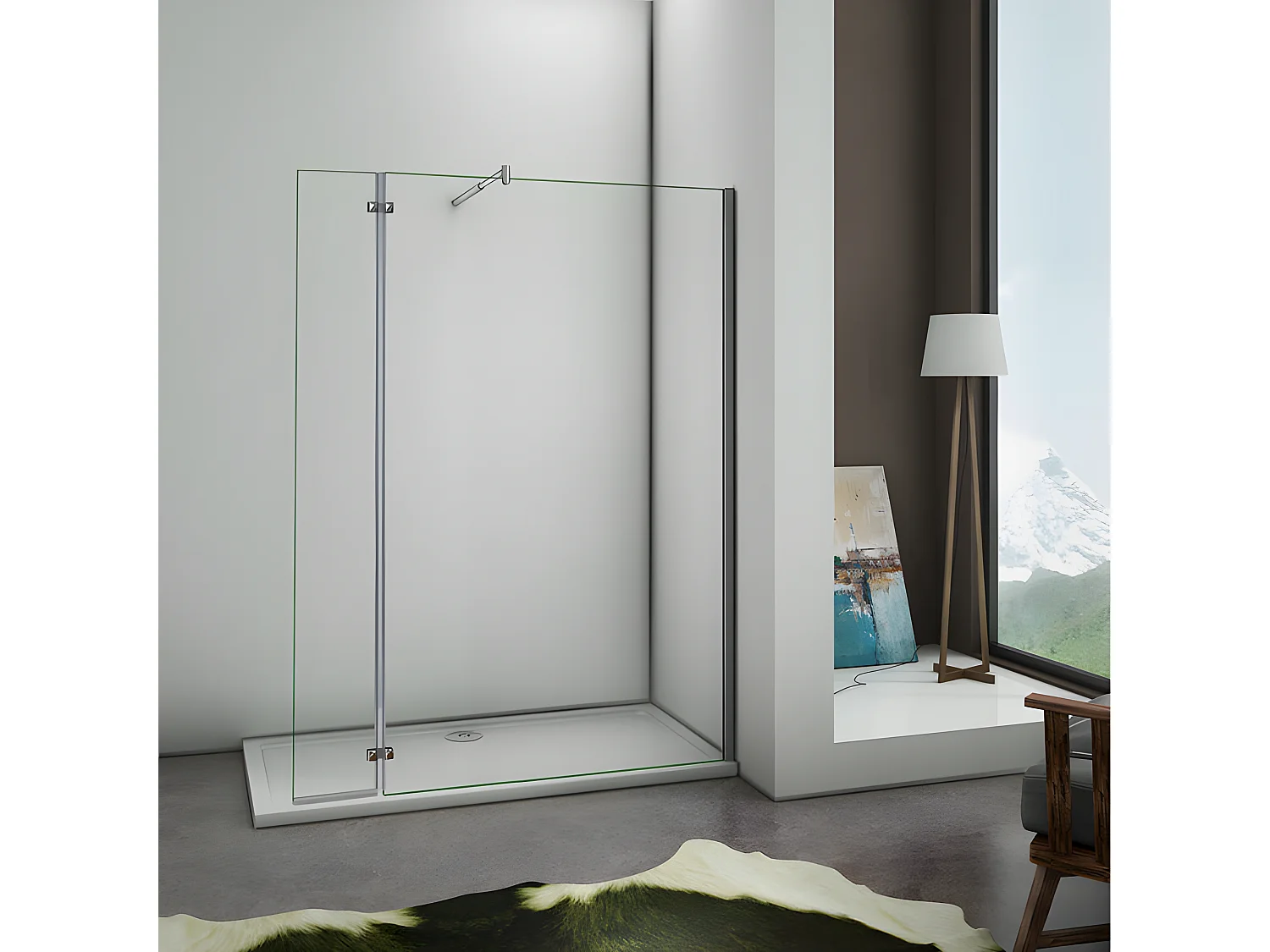 Paroi de douche fixe à l'italienne avec retour pivotant 90+40x200cm, charnières, avec barre de fixation cylindrique 70-120cm