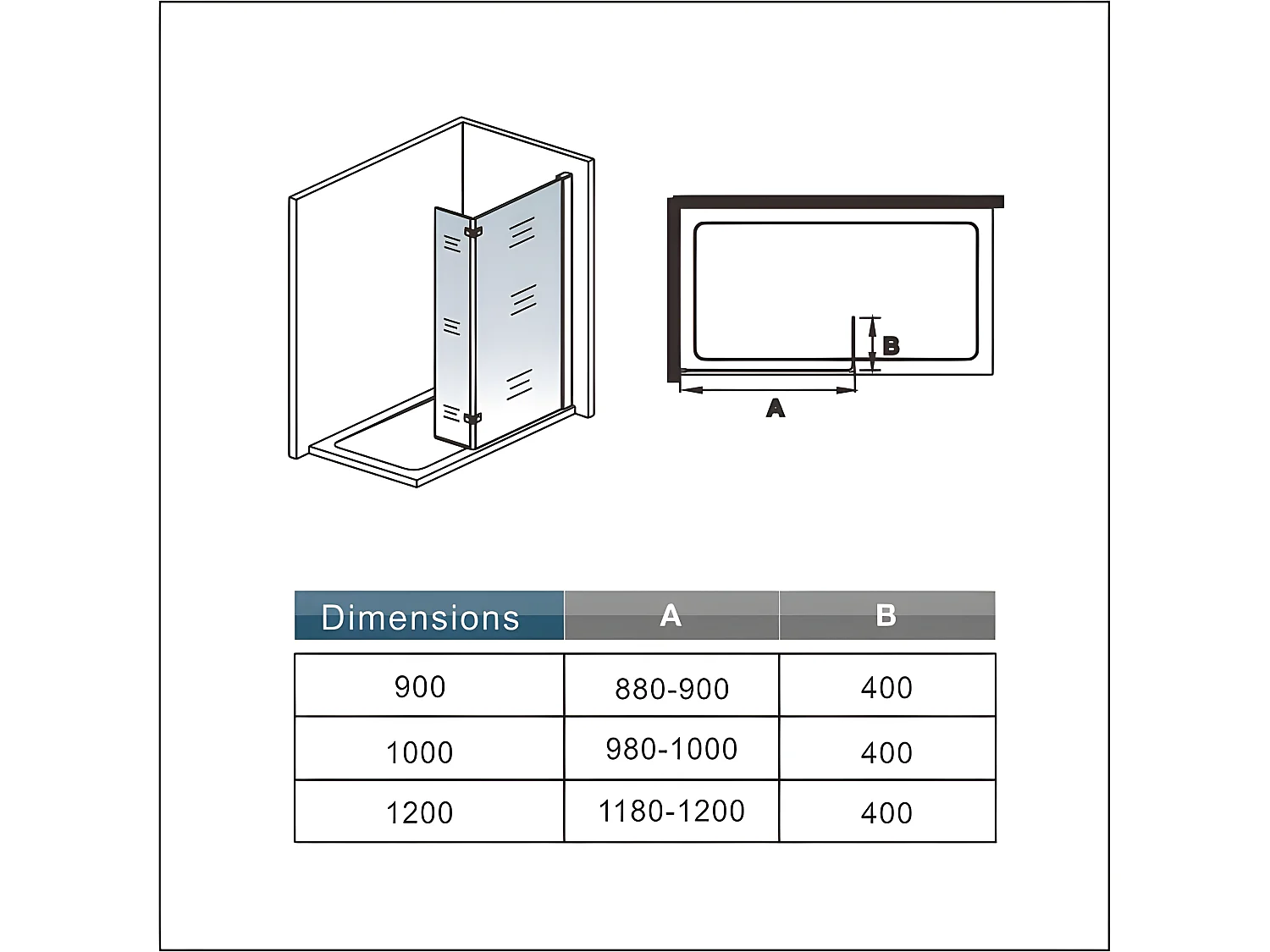 Paroi de douche fixe à l'italienne avec retour pivotant 90+40x200cm, charnières, avec barre de fixation cylindrique 70-120cm