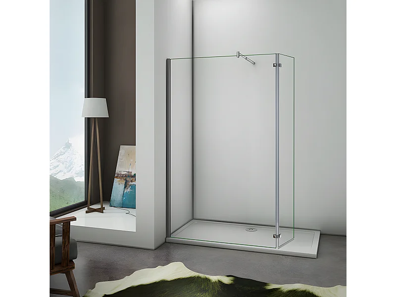 Paroi de douche fixe à l'italienne avec retour pivotant 90+40x200cm, charnières, avec barre de fixation cylindrique 70-120cm