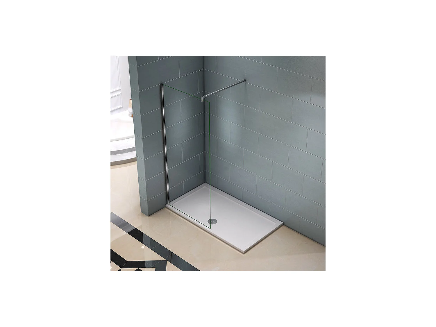 Paroi de douche à l'italienne 80x200cm avec barre de fixation 140cm en carré - Chromé - Verre 8mm trempé transparent