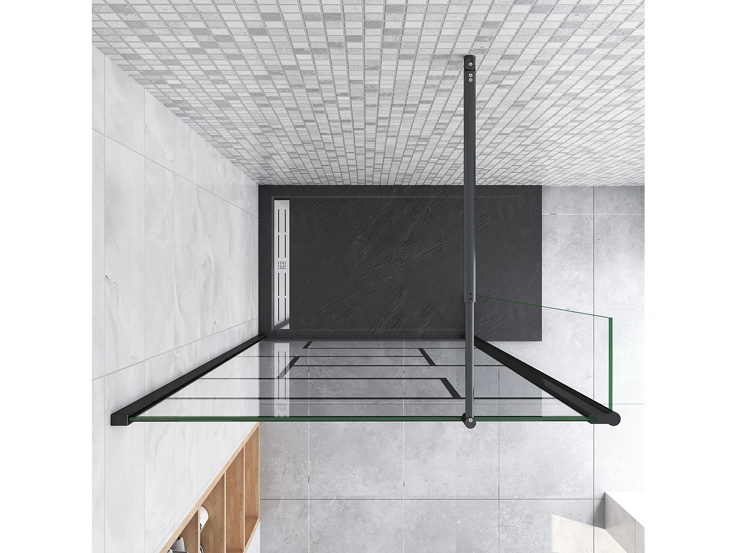Paroi de douche fixe à l'italienne 140+30x200cm avec retour pivotant - Noir - avec barre de fixation 70-120cm en cylindrique