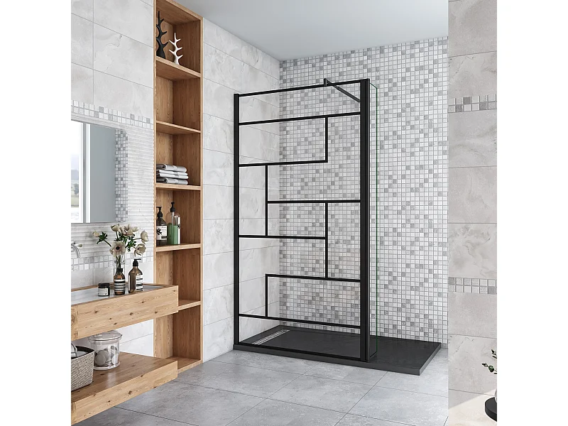 Paroi de douche fixe à l'italienne 140+30x200cm avec retour pivotant - Noir - avec barre de fixation 70-120cm en cylindrique