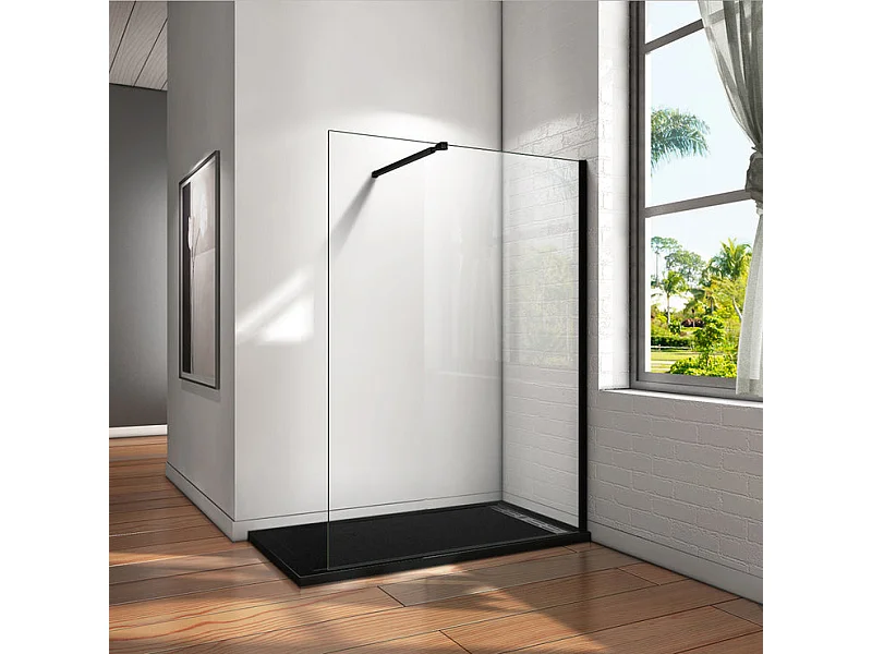 Paroi de douche à l'italienne 120x200cm en verre 8mm securit anticalcaire, avec barre de fixation 73-120cm en carré - Noir Mat