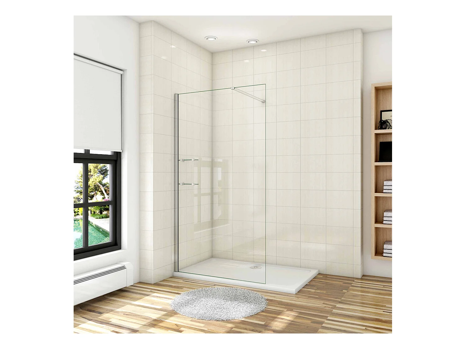 Paroi de douche à l'italienne 140x190cm avec étagères et barre de fixation 140cm recoupable, en 8mm verre anticalcaire