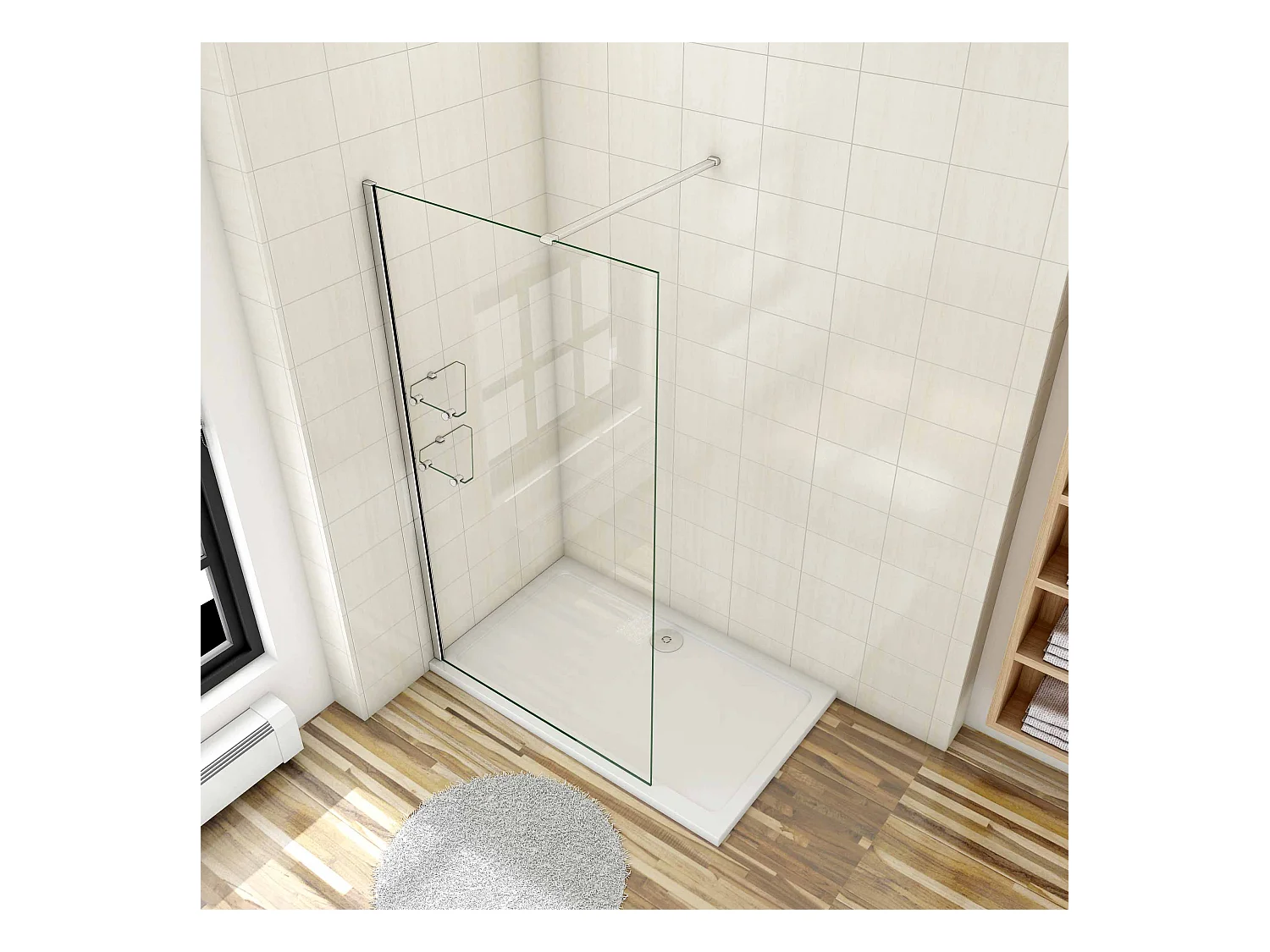 Paroi de douche à l'italienne 140x190cm avec étagères et barre de fixation 140cm recoupable, en 8mm verre anticalcaire