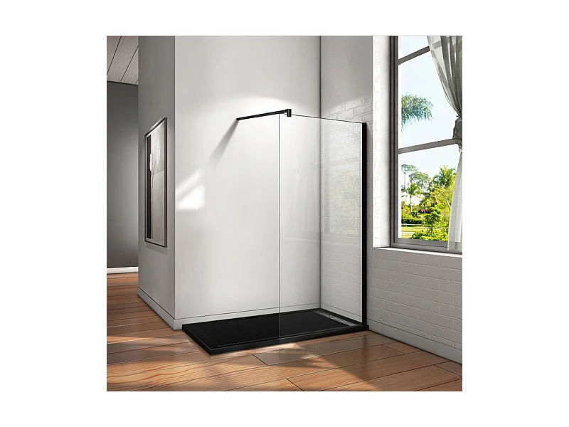 Inloopdouchewand 70x200cm in 8mm antikalk veiligheidsglas, met vierkante bevestigingsstang van 140cm - Matzwart
