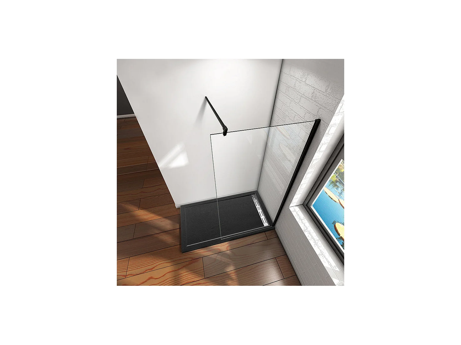 Paroi de douche à l'italienne 70x200cm en verre 8mm securit anticalcaire, avec barre de fixation 140cm en carré - Noir Mat