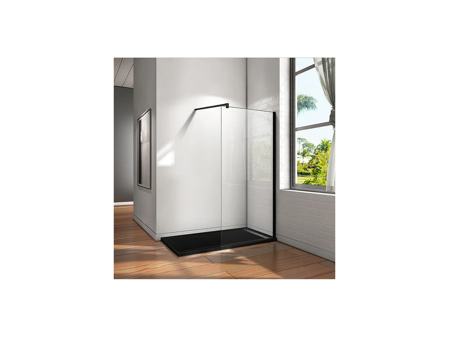 Paroi de douche à l'italienne 70x200cm en verre 8mm securit anticalcaire, avec barre de fixation 140cm en carré - Noir Mat