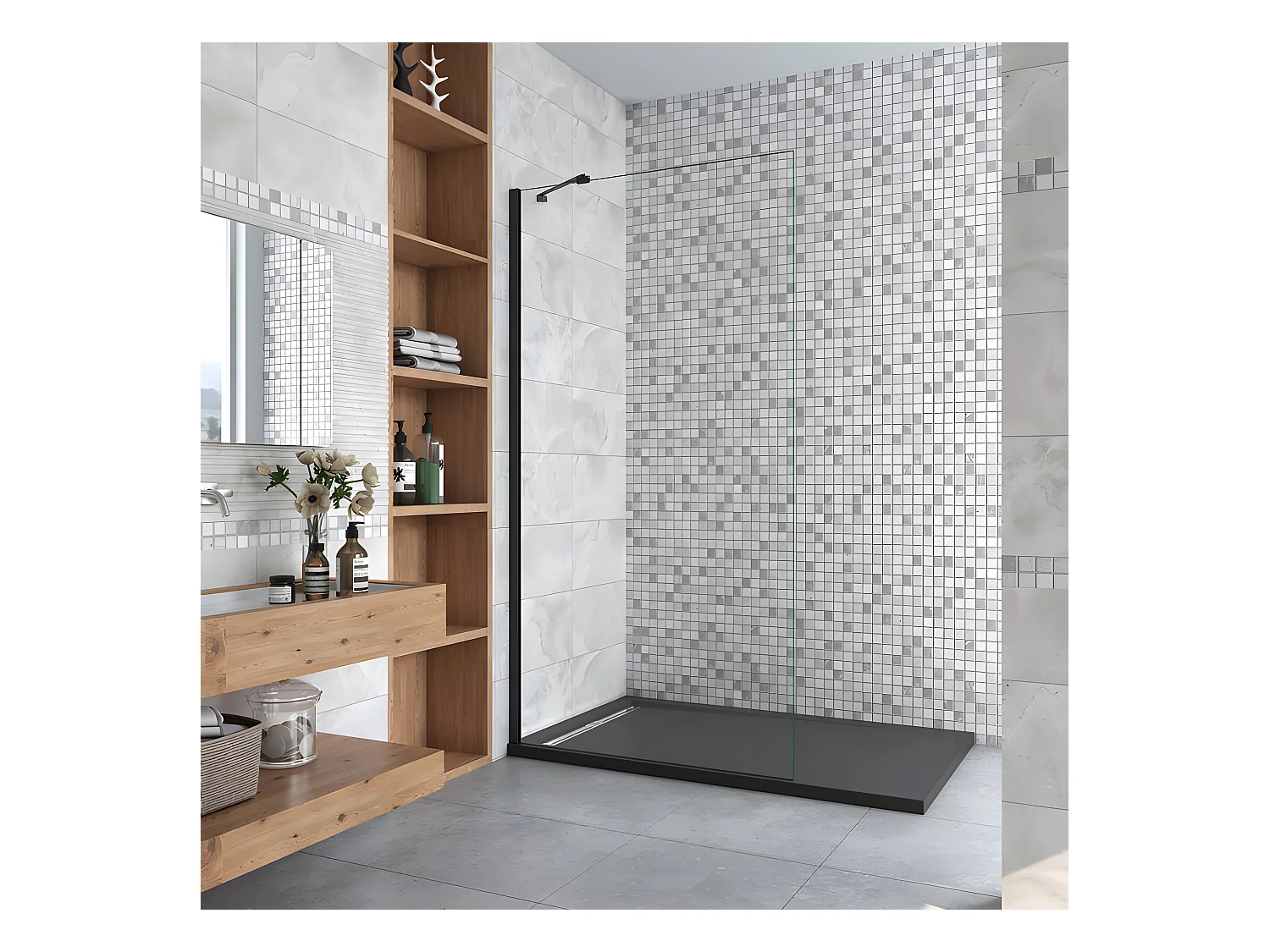 Paroi de douche à l'italienne 70x200cm en verre 8mm securit anticalcaire, avec barre de fixation d'angle 45cm - Noir Mat