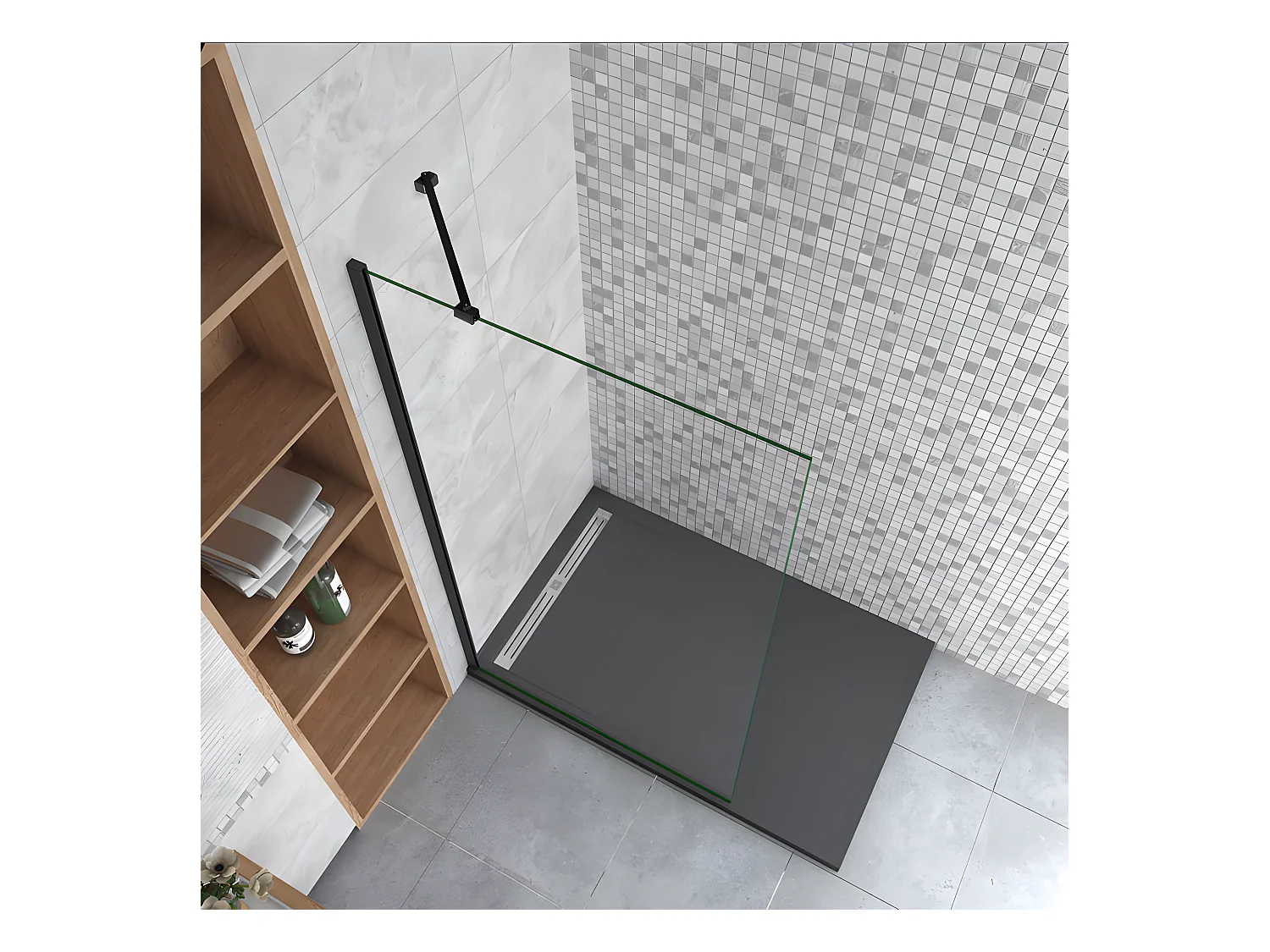 Paroi de douche à l'italienne 70x200cm en verre 8mm securit anticalcaire, avec barre de fixation d'angle 45cm - Noir Mat