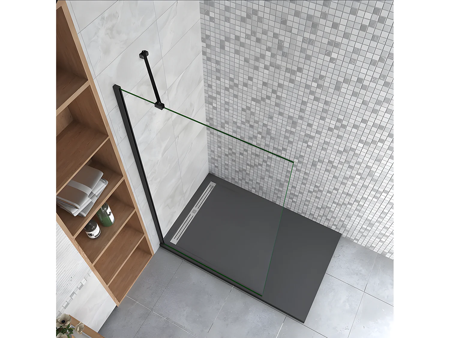 Paroi de douche à l'italienne 70x200cm en verre 8mm securit anticalcaire, avec barre de fixation d'angle 45cm - Noir Mat