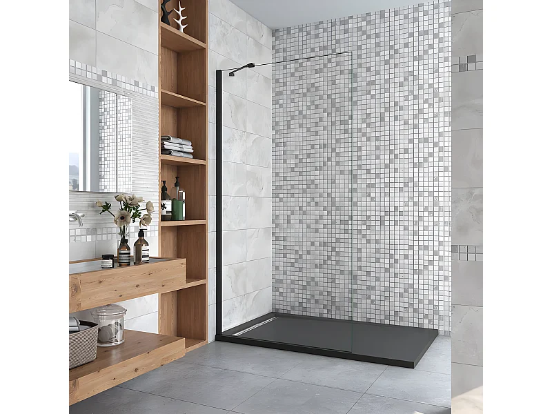 Inloopdouchewand 70x200cm in 8mm antikalk veiligheidsglas, met 45cm hoekbevestigingsstang - Matzwart