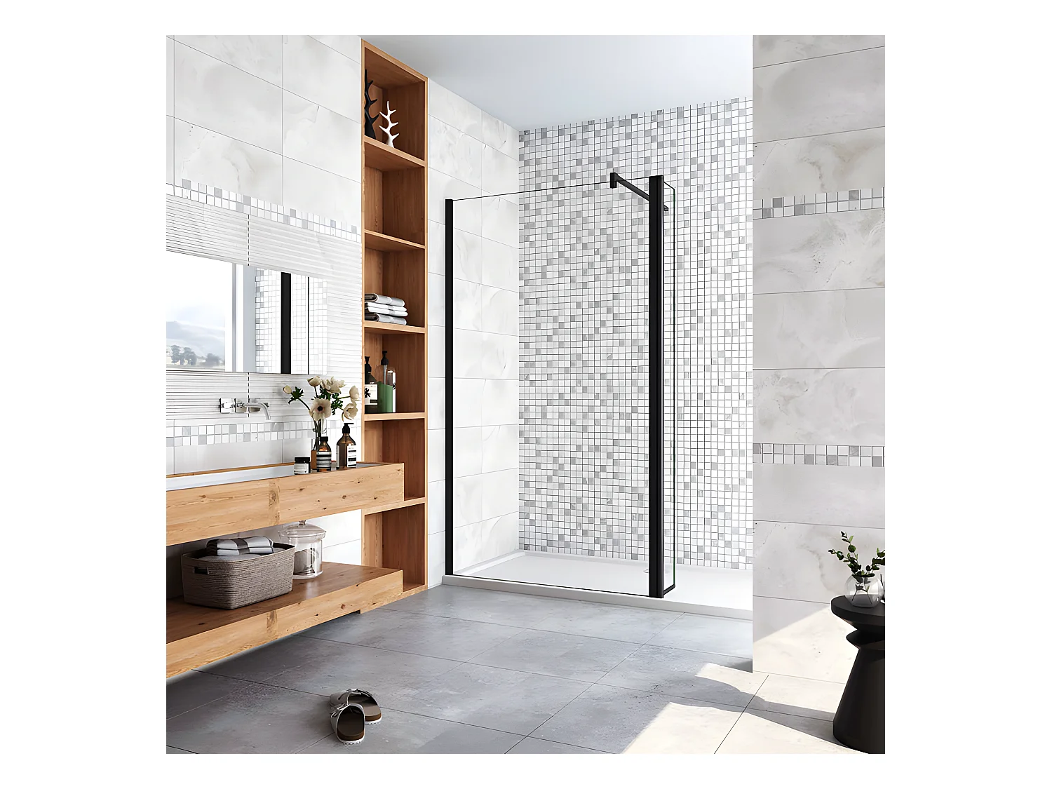 Paroi de douche à l'italienne avec retour pivotant 150+40x200cm avec barre de fixation 90cm en carré - Noir Mat - 8mm verre anticalcaire