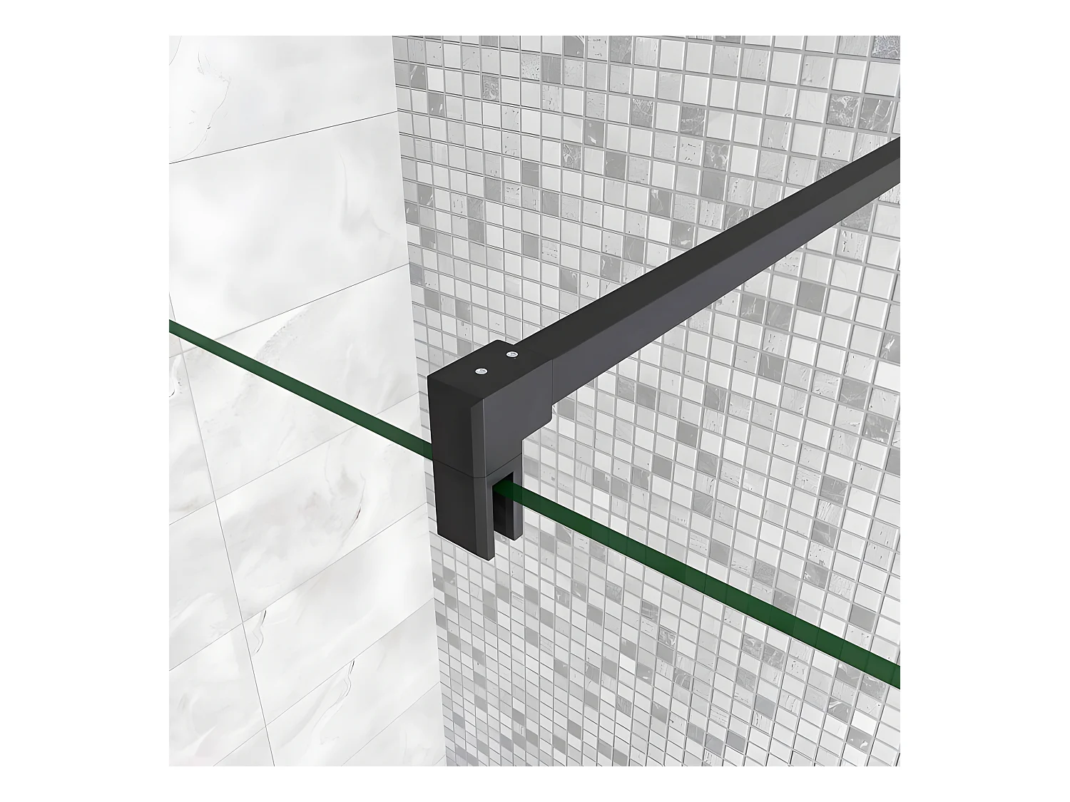 Paroi de douche à l'italienne avec retour pivotant 150+40x200cm avec barre de fixation 90cm en carré - Noir Mat - 8mm verre anticalcaire