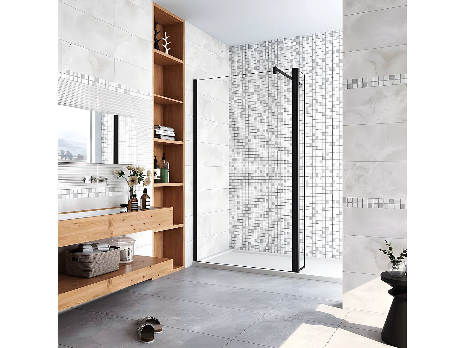 Paroi de douche à l'italienne avec retour pivotant 150+40x200cm avec barre de fixation 90cm en carré - Noir Mat - 8mm verre anticalcaire