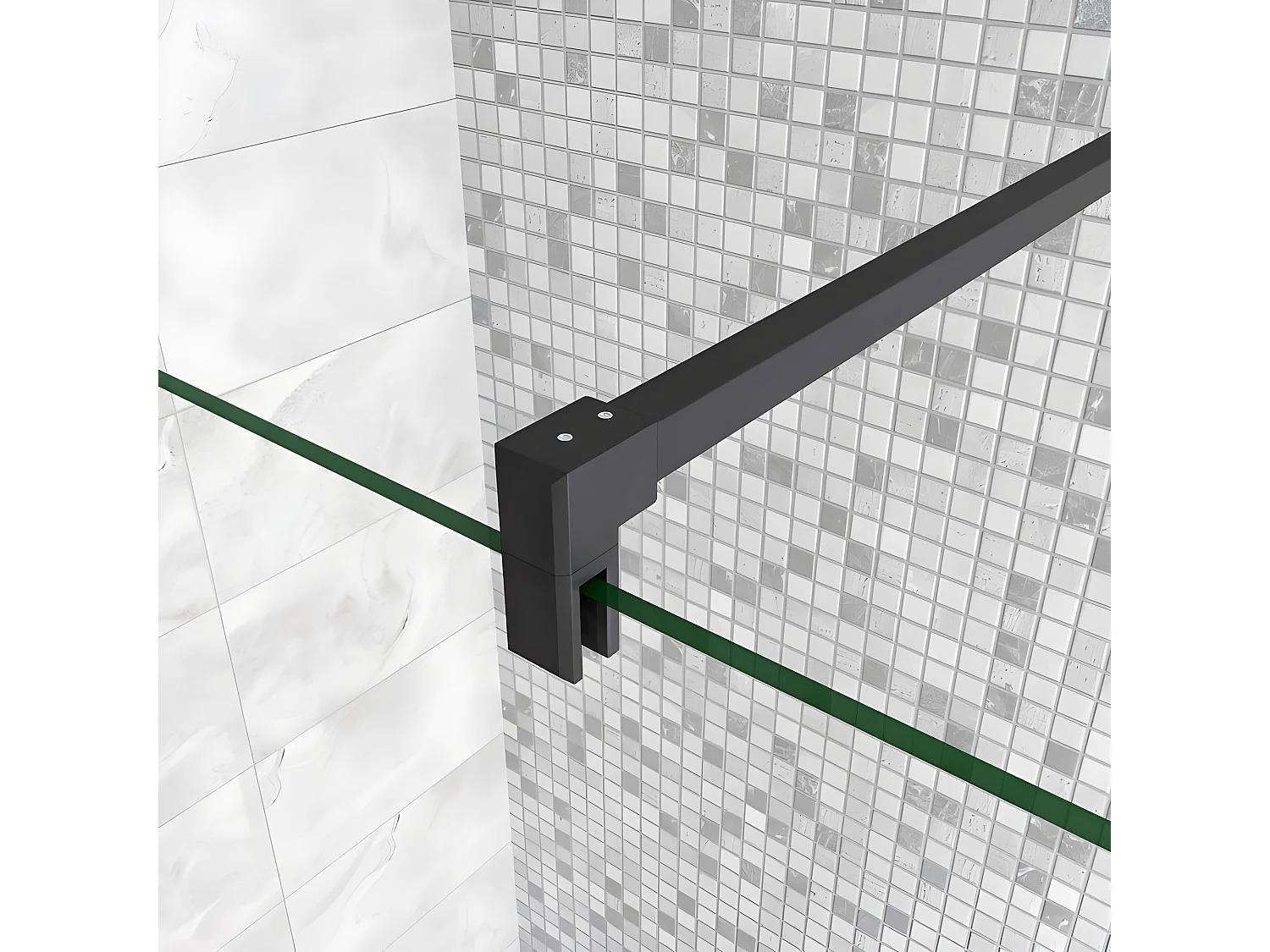 Paroi de douche à l'italienne avec retour pivotant 150+40x200cm avec barre de fixation 90cm en carré - Noir Mat - 8mm verre anticalcaire