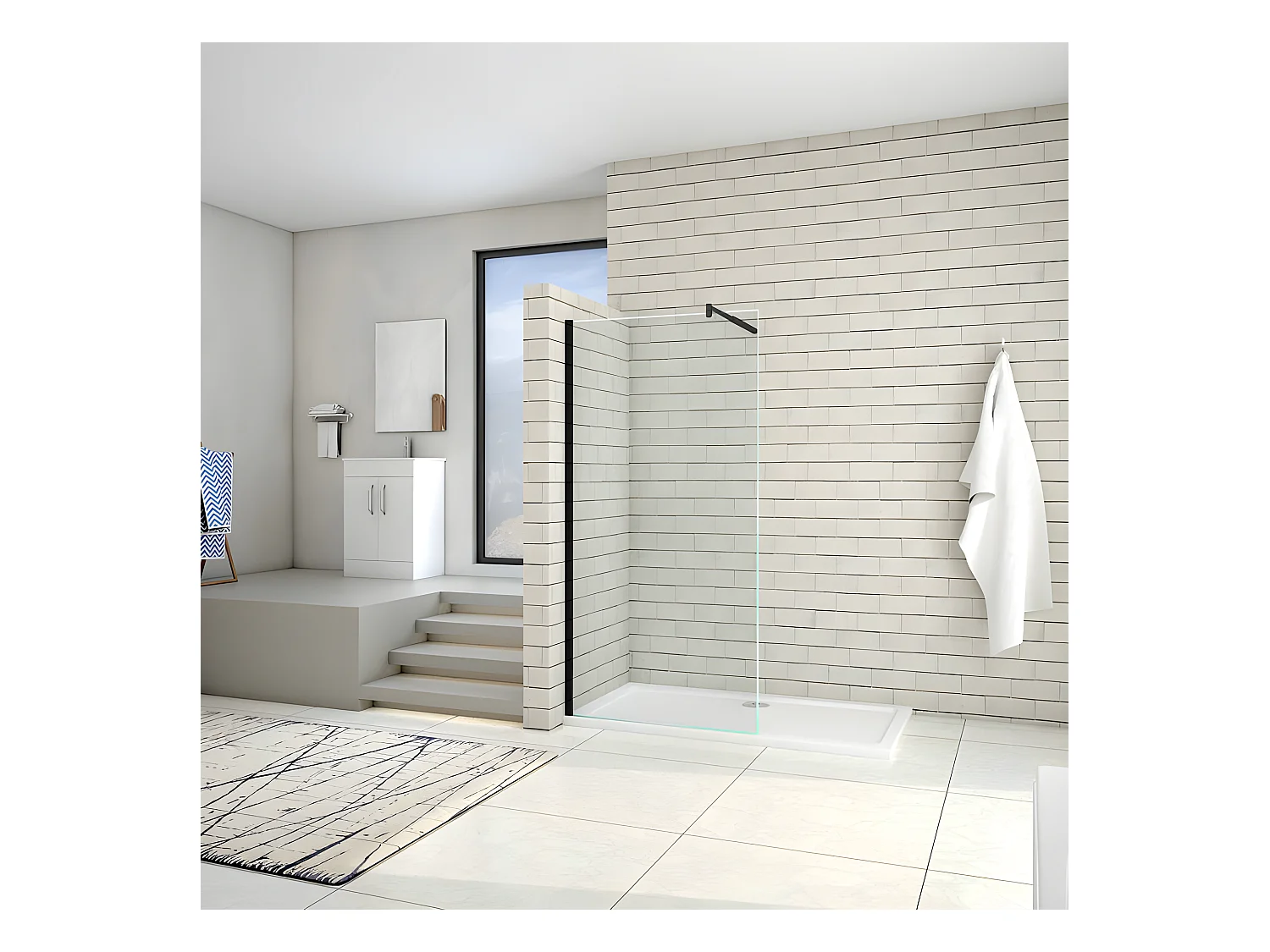 Paroi de douche à l'italienne 60x200cm en verre 8mm securit anticalcaire, avec barre de fixation 70-120cm en cylindrique - Noir Mat