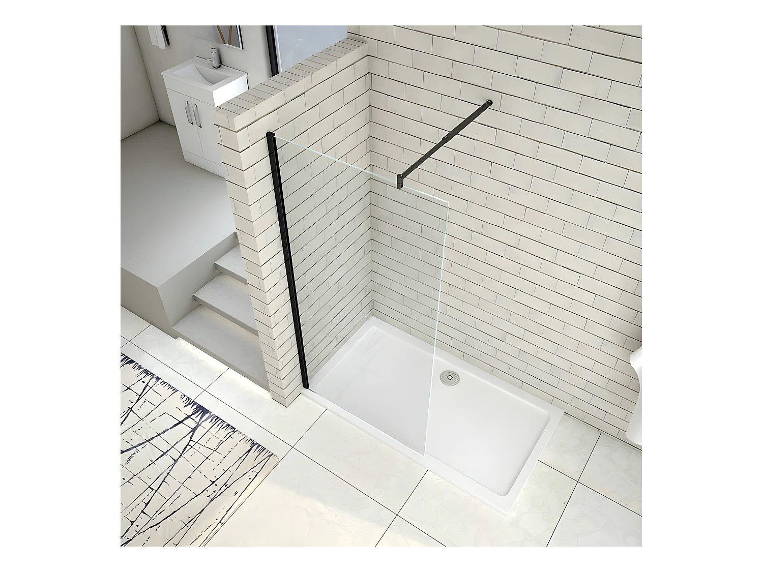 Paroi de douche à l'italienne 60x200cm en verre 8mm securit anticalcaire, avec barre de fixation 70-120cm en cylindrique - Noir Mat