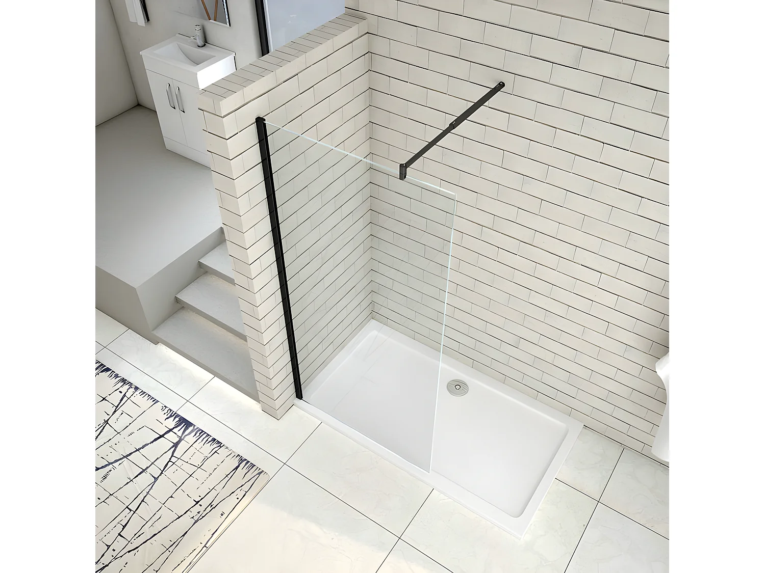 Paroi de douche à l'italienne 60x200cm en verre 8mm securit anticalcaire, avec barre de fixation 70-120cm en cylindrique - Noir Mat