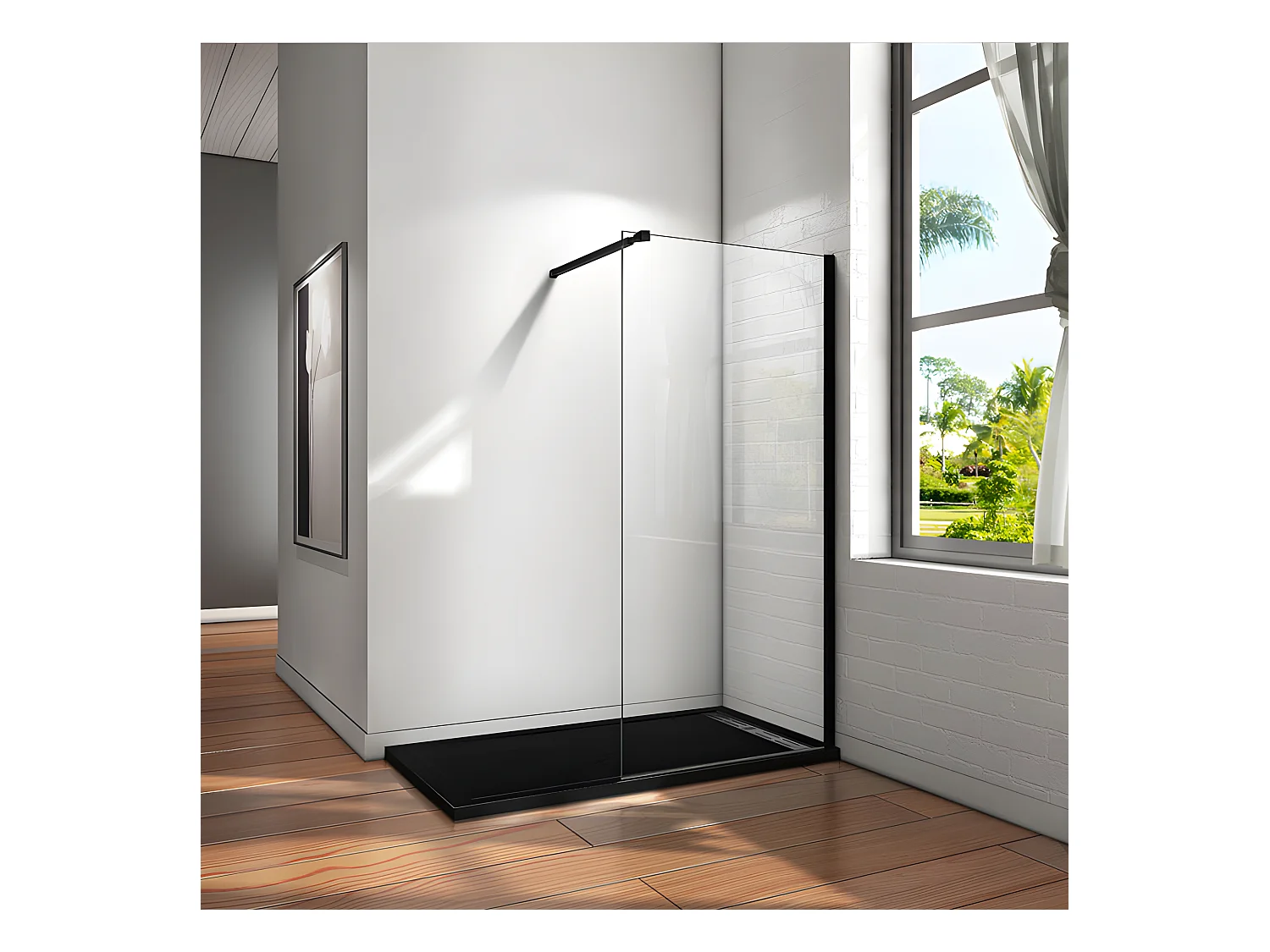 Paroi de douche à l'italienne 80x200cm en verre 8mm securit anticalcaire, avec barre de fixation 73-120cm en carré - Noir Mat