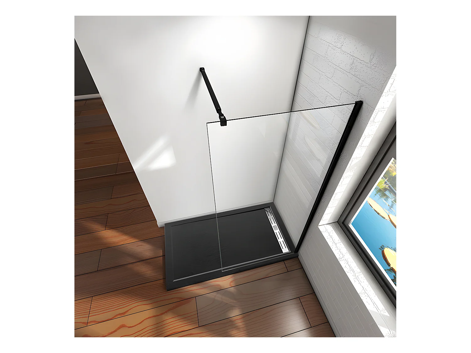 Paroi de douche à l'italienne 80x200cm en verre 8mm securit anticalcaire, avec barre de fixation 73-120cm en carré - Noir Mat