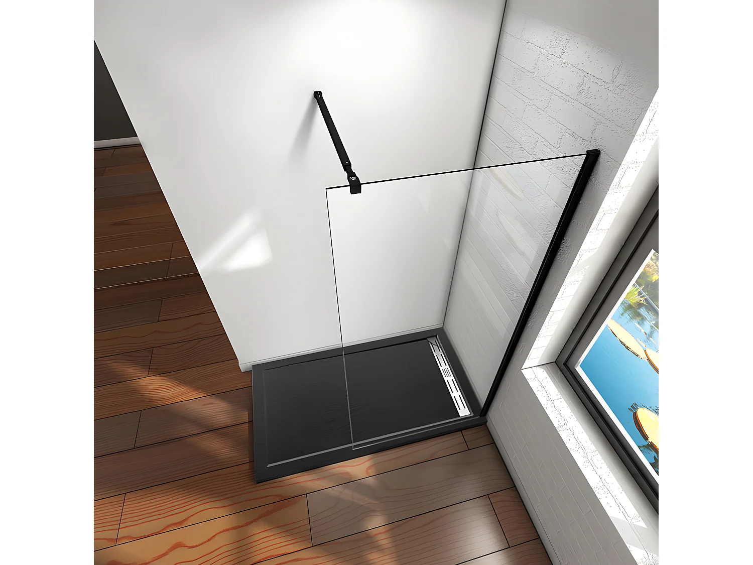 Paroi de douche à l'italienne 80x200cm en verre 8mm securit anticalcaire, avec barre de fixation 73-120cm en carré - Noir Mat