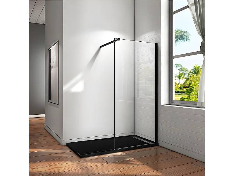 Paroi de douche à l'italienne 80x200cm en verre 8mm securit anticalcaire, avec barre de fixation 73-120cm en carré - Noir Mat