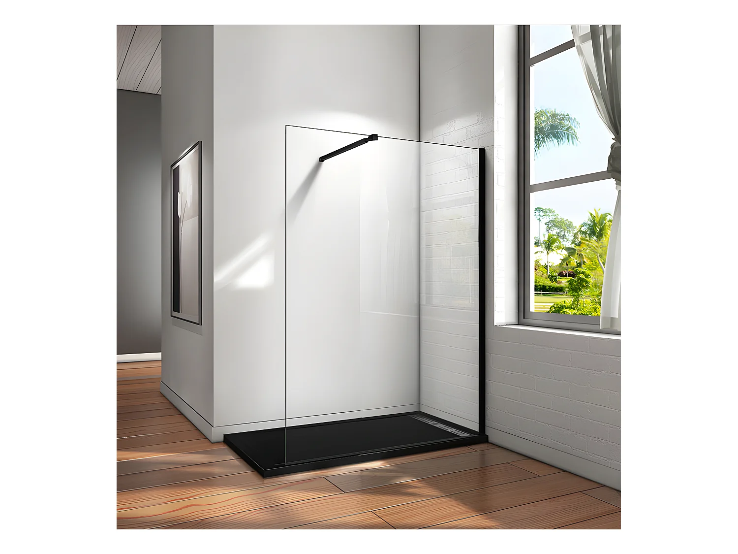 Paroi de douche à l'italienne 130x200cm en verre 8mm securit anticalcaire, avec barre de fixation 73-120cm en carré - Noir Mat