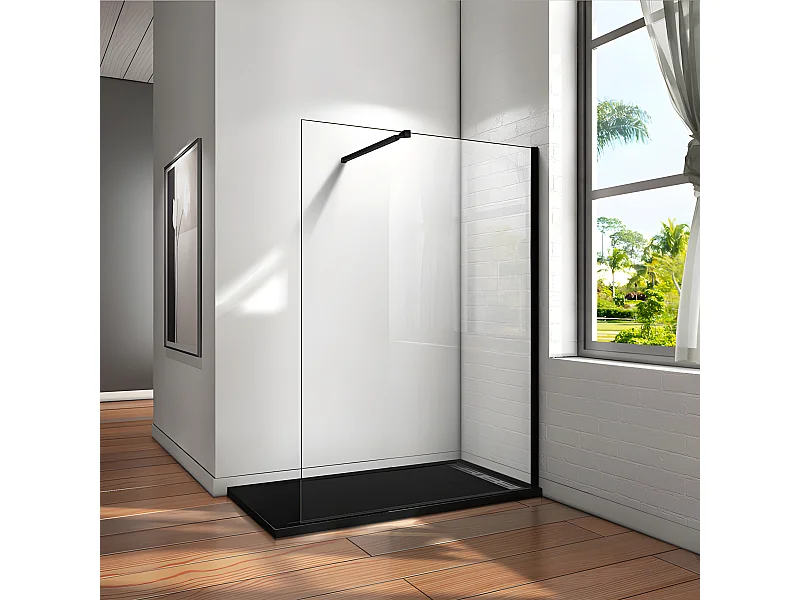 Paroi de douche à l'italienne 130x200cm en verre 8mm securit anticalcaire, avec barre de fixation 73-120cm en carré - Noir Mat