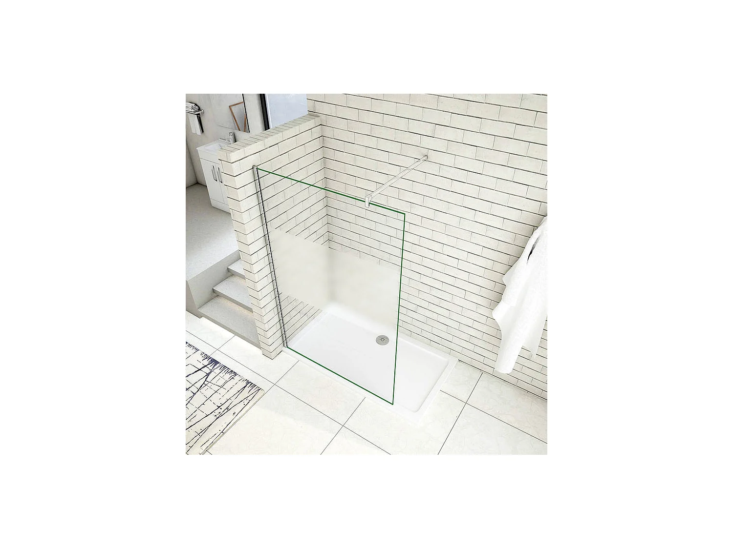 Paroi de douche à l'italienne 100x200cm avec barre de fixation 90cm en carré, en 8mm verre bande centrale dépolie