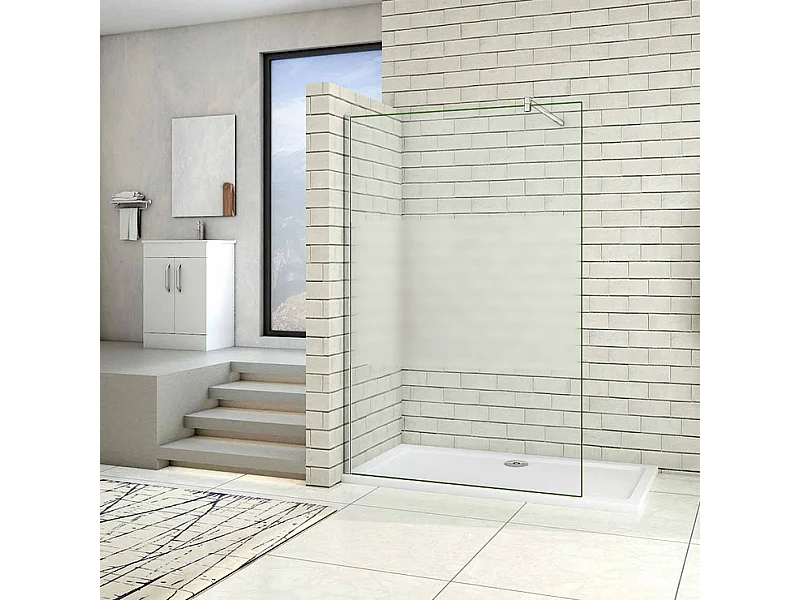 Paroi de douche à l'italienne 100x200cm avec barre de fixation 90cm en carré, en 8mm verre bande centrale dépolie