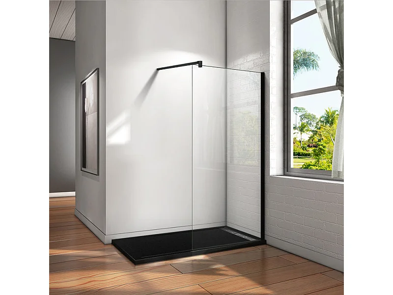 Paroi de douche à l'italienne 90x200cm en verre 8mm securit anticalcaire, avec barre de fixation 140cm en carré - Noir Mat
