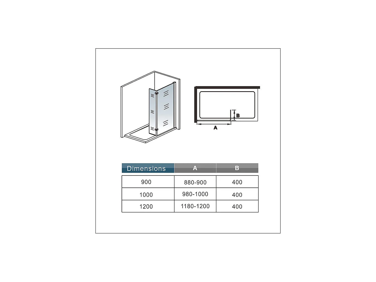 Paroi de douche fixe à l'italienne avec retour pivotant 100+40x200cm, charnières, avec barre de fixation cylindrique 70-120cm