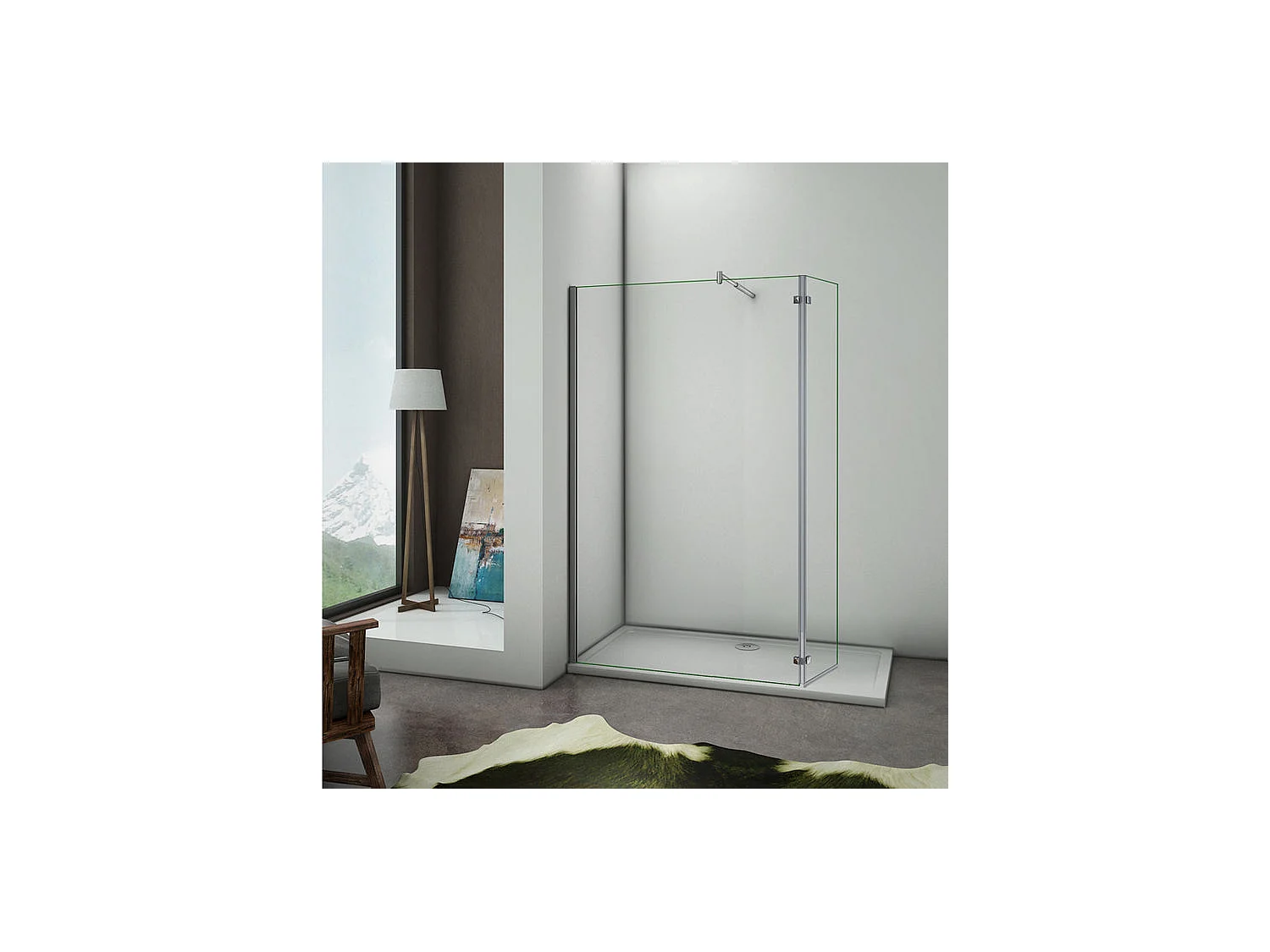 Paroi de douche fixe à l'italienne avec retour pivotant 100+40x200cm, charnières, avec barre de fixation cylindrique 70-120cm