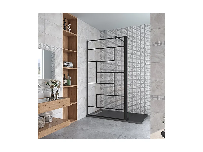 Paroi de douche fixe à l'italienne 140+30x200cm avec retour pivotant - Noir - avec barre de fixation 140cm en carré