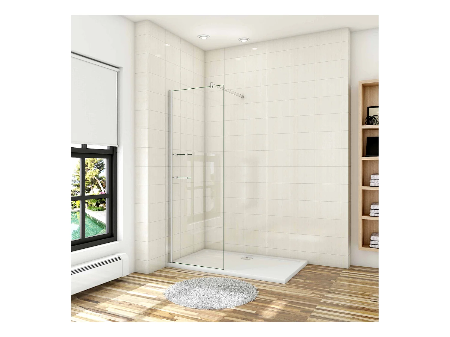 Paroi de douche à l'italienne 70x190cm avec étagères et barre de fixation 70-120cm en cylindrique, en 8mm verre anticalcaire