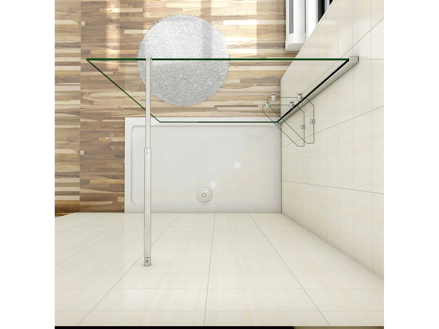 Paroi de douche à l'italienne 140x190cm avec étagères et barre de fixation 70-120cm en cylindrique, en 8mm verre anticalcaire