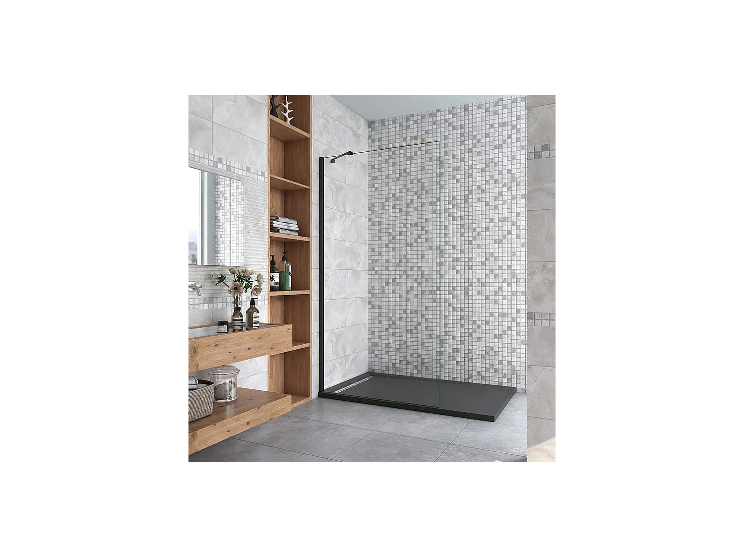 Paroi de douche à l'italienne 80x200cm en verre 8mm securit anticalcaire, avec barre de fixation d'angle 45cm - Noir Mat