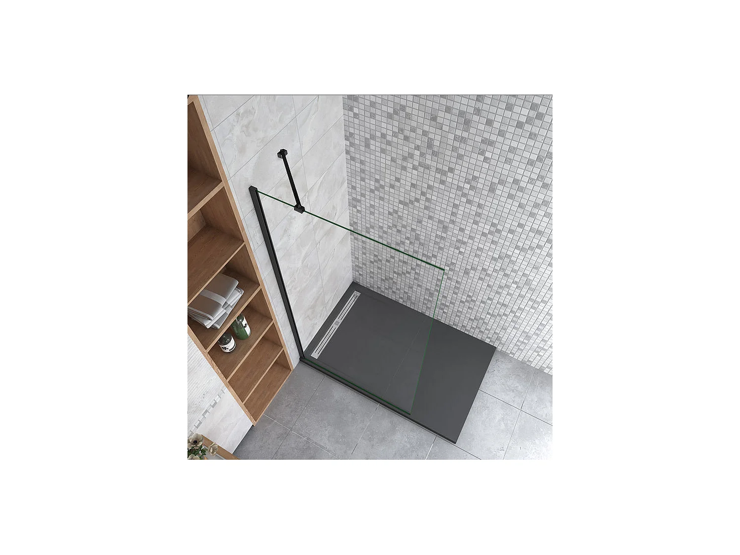 Paroi de douche à l'italienne 80x200cm en verre 8mm securit anticalcaire, avec barre de fixation d'angle 45cm - Noir Mat
