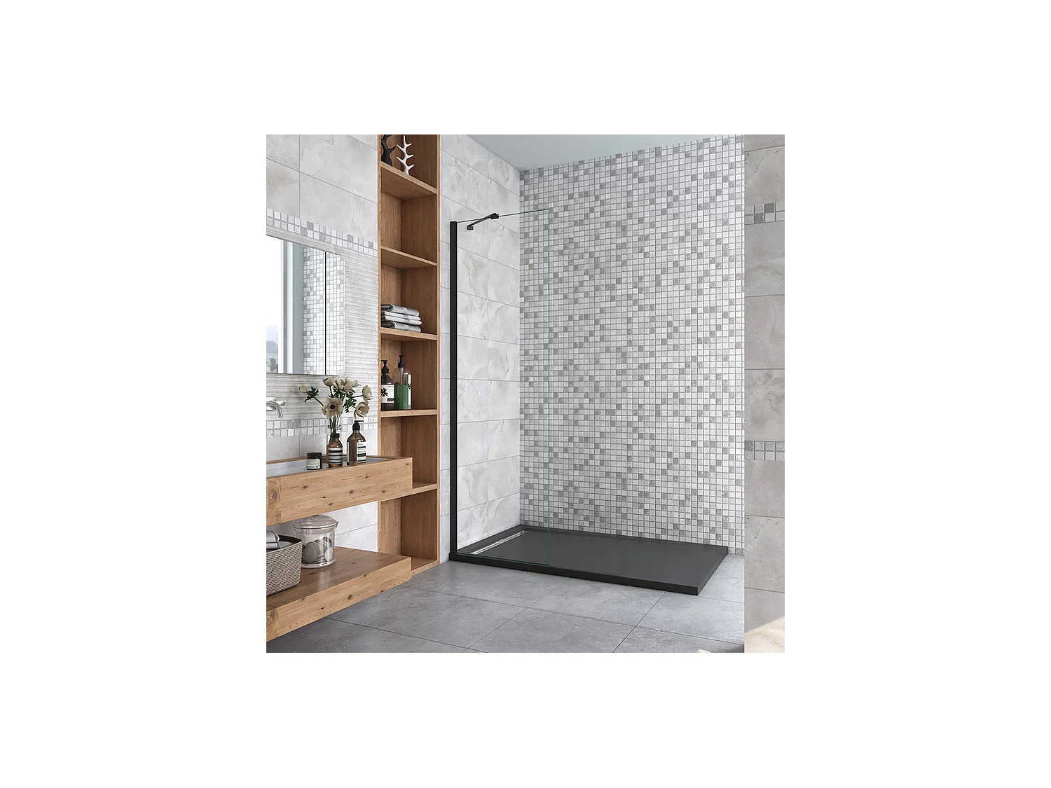 Paroi de douche à l'italienne 50x200cm en verre 8mm securit anticalcaire, avec barre de fixation d'angle 45cm - Noir Mat