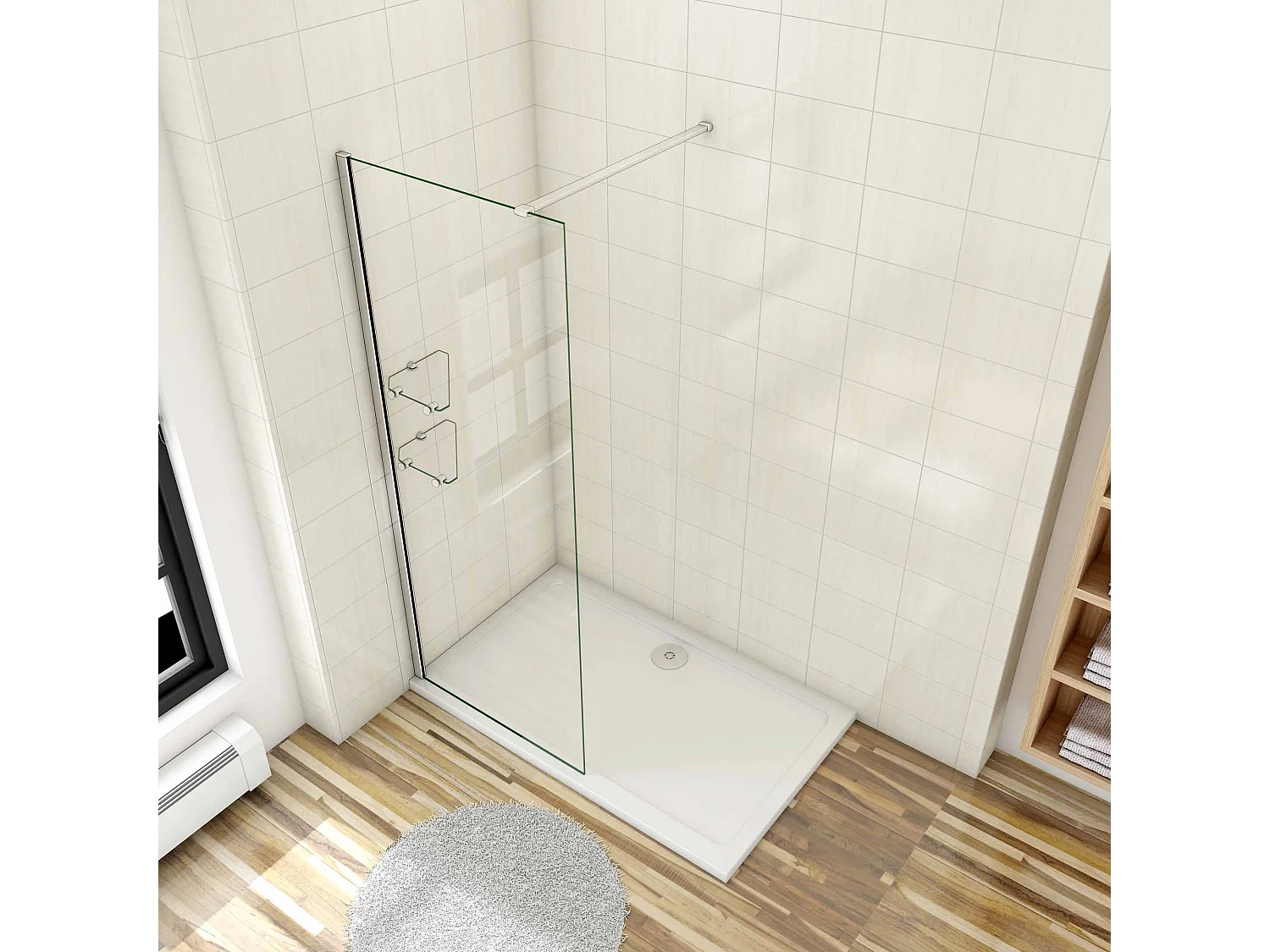 Paroi de douche à l'italienne 90x190cm avec étagères et barre de fixation 140cm recoupable, en 8mm verre anticalcaire