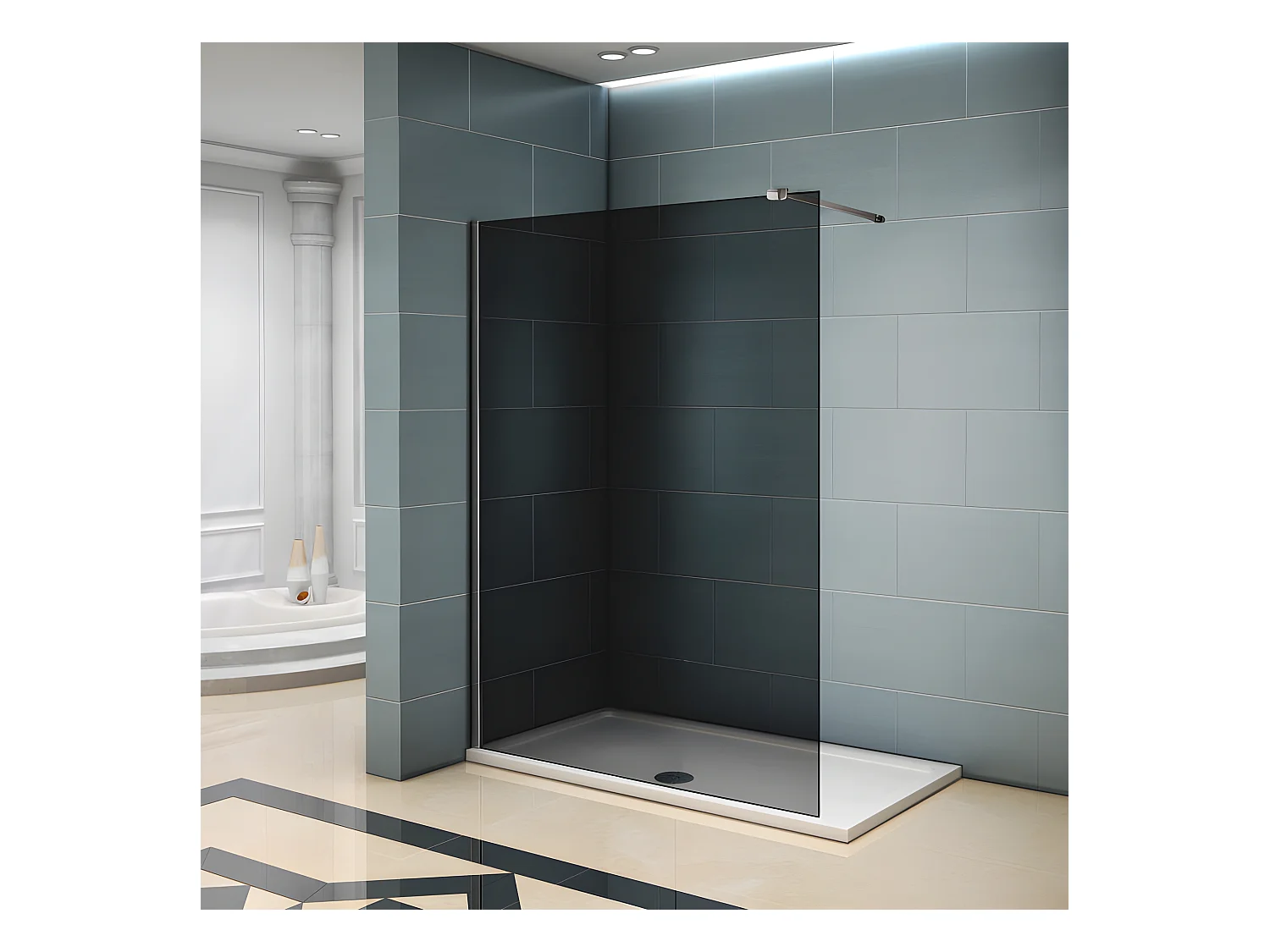 Paroi de douche grise 140x200cm à l'italienne avec barre de fixation 90cm Pince renforcée, en 8mm verre trempé anticalcaire
