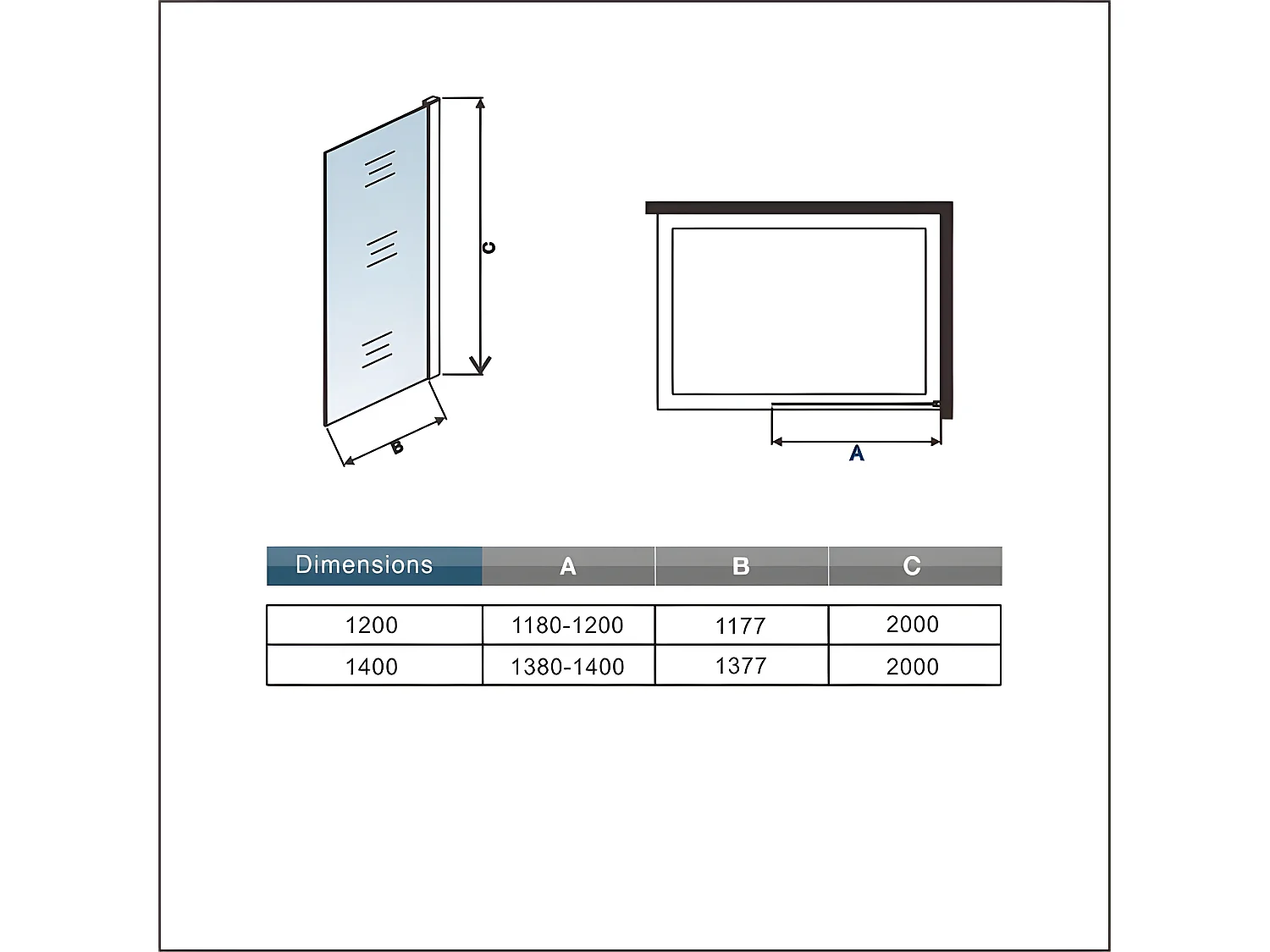 Paroi de douche grise 140x200cm à l'italienne avec barre de fixation 90cm Pince renforcée, en 8mm verre trempé anticalcaire