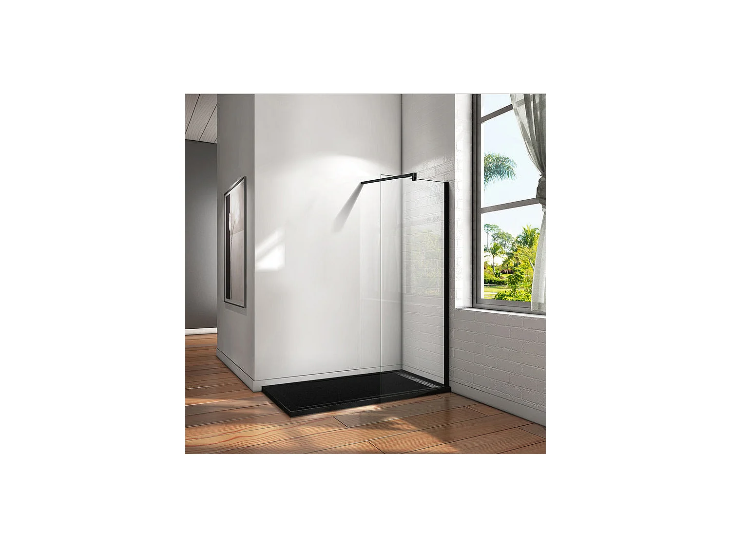 Paroi de douche à l'italienne 50x200cm en verre 8mm securit anticalcaire, avec barre de fixation 140cm en carré - Noir Mat