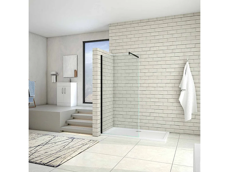 Inloopdouchewand 160x200cm in 8mm antikalk veiligheidsglas, met 70-120cm cilindrische bevestigingsstang - Mat Zwart