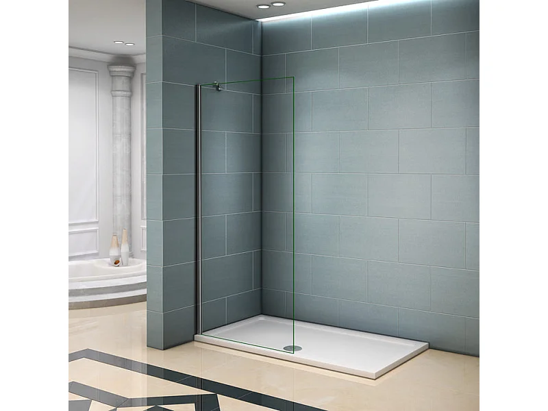 Paroi de douche à l'italienne 90x200cm avec barre de fixation d'angle 45cm - Chromé - Verre 8mm trempé transparent