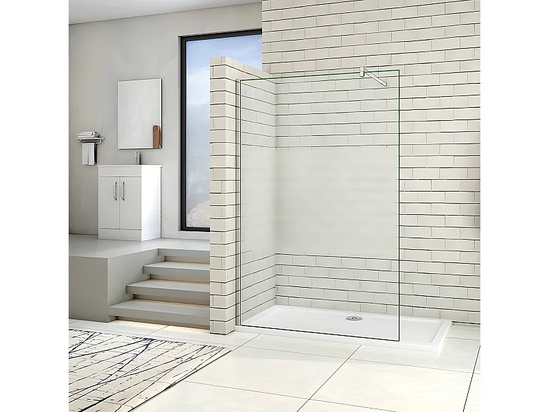 Paroi de douche à l'italienne 110x200cm avec barre de fixation 90cm en carré, en 8mm verre bande centrale dépolie